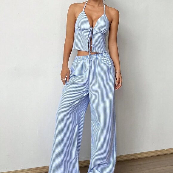 Blue Sexy Women's Striped Tank Top & Elastic Pants Two-Piece Set - Picture 6 of 6